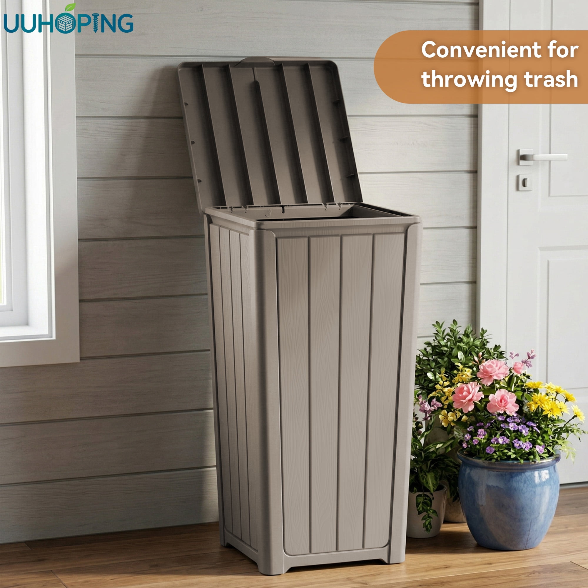 Fazzn  Baltimore Resin 33 Gallon Outdoor Kitchen Trash Can with Lid and Drip Tray for Easy Cleaning-Perfect for Patio Dining, Black/Brown