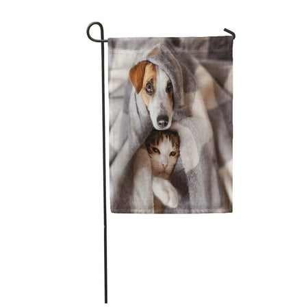 SIDONKU Winter Dog and Cat Under Plaid Pet Warms in Cold Autumn Weather Happy Garden Flag Decorative Flag House Banner 12x18