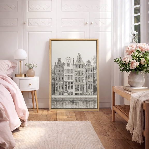 Framed Canvas Print Line Drawing Architecture Wall Art Minimalist City Sketch Decorative for Living Room Bedroom - 16"x24" NATURAL