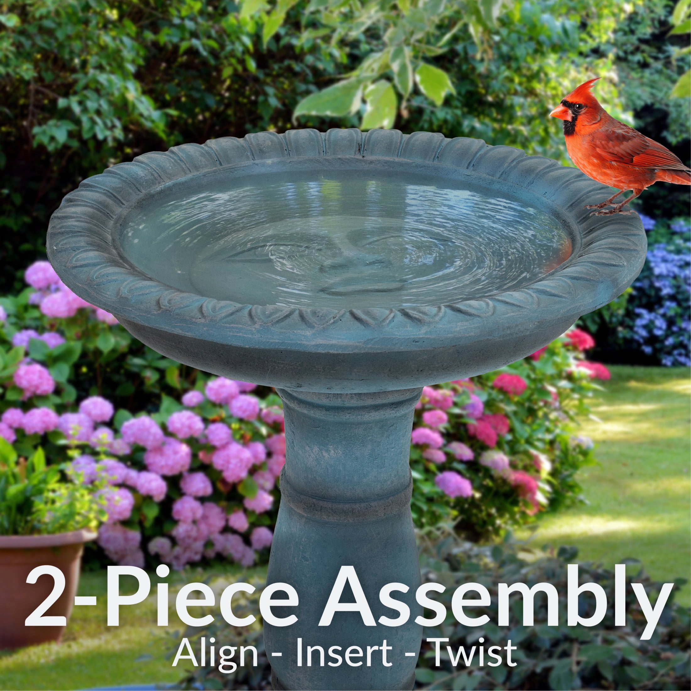 Sunnydaze Facade du Soleil Freestanding Glass Fiber Reinforced Concrete Outdoor Bird Bath, Green