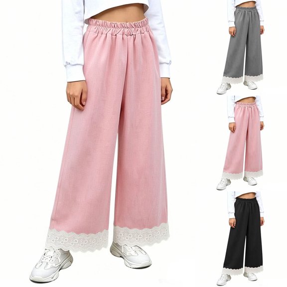 Tranfacy Girls 6 Months-14 Years Fall Pants Solid Elastic Waist Wide Leg Trousers