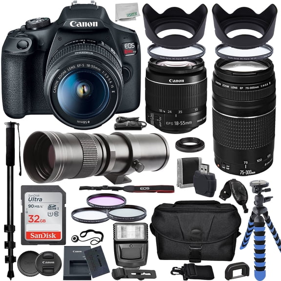 Ultimaxx Deluxe Canon Rebel T7 DSLR Camera (International Model) w 18-55mm IS II, 75-300mm III, 420-800mm Telephoto Zoom Lens Bundle: 32GB Memory Card, Water-Resistant Gadget Bag & More (31pc Bundle)
