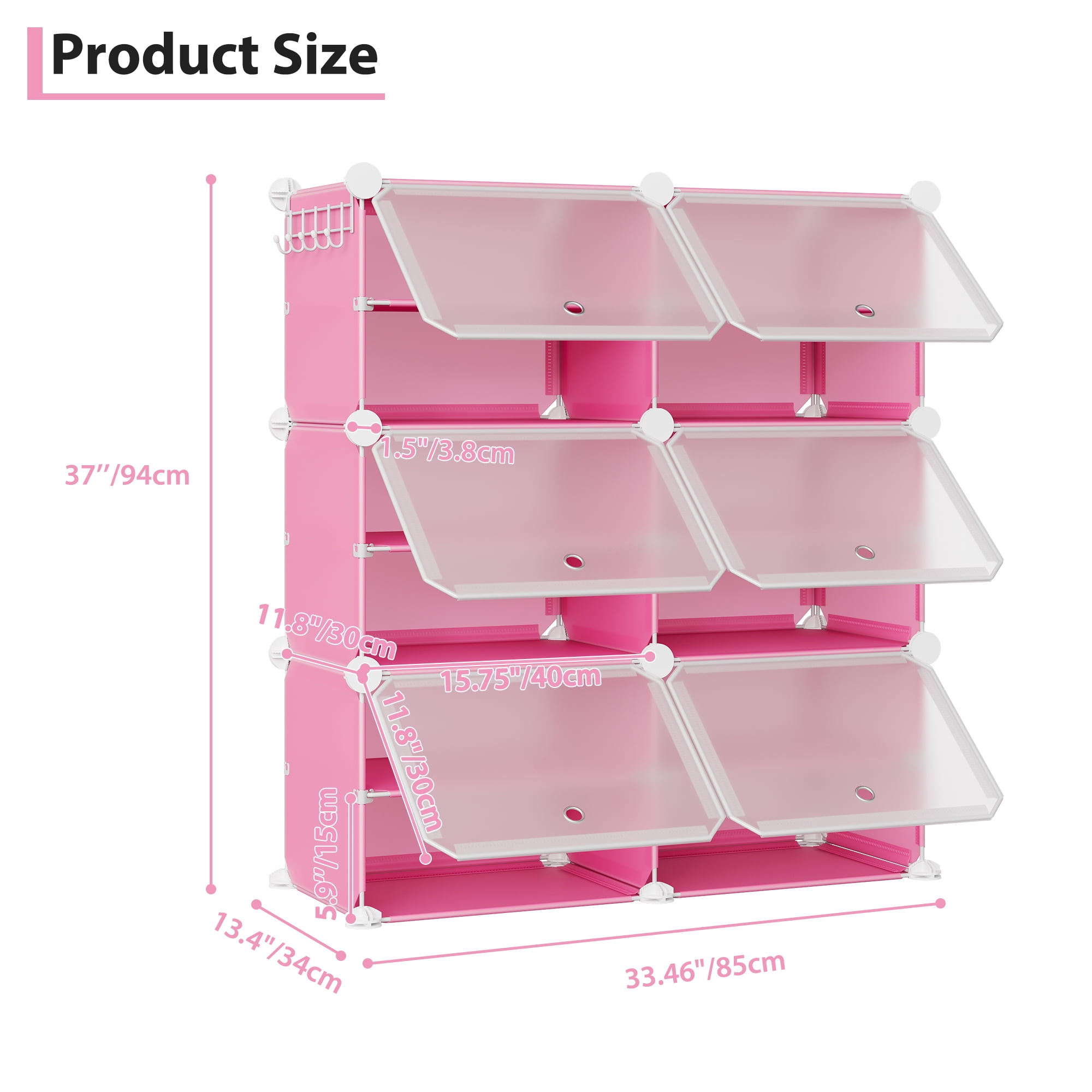 Modular 6-Cube Shoe Storage Cabinet with Doors – 6-Tier Plastic Shoe Organizer – Space-Saving – Easy DIY Assembly – for Entryway, Bedroom, Living Room – Pink