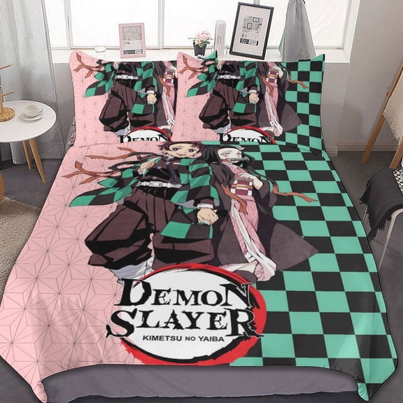 Demon Slayer: Kimetsu No Yaiba Bed Duvet Cover Microfiber Bedding Sets 3D Printed Lightweight 3 Piece Comforter Sets, 1 Duvet Cover And 2 Pillow Shams for Kids Boys Girls 86"x70"
