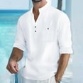 thumbnail image 2 of VSSSJ Men's Cotton Linen Henley Shirt Relaxed Fit Button Long Sleeve Hippie Shirt Stand Collar Pocket Casual Vacation Beach T-Shirts White S, 2 of 8