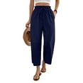 thumbnail image 3 of Nestiefly Cropped Linen Wide Leg Pants for Women Summer Casual Flowy Palazzo Pants High Waisted Beach Trousers with Pockets Navy M, 3 of 9
