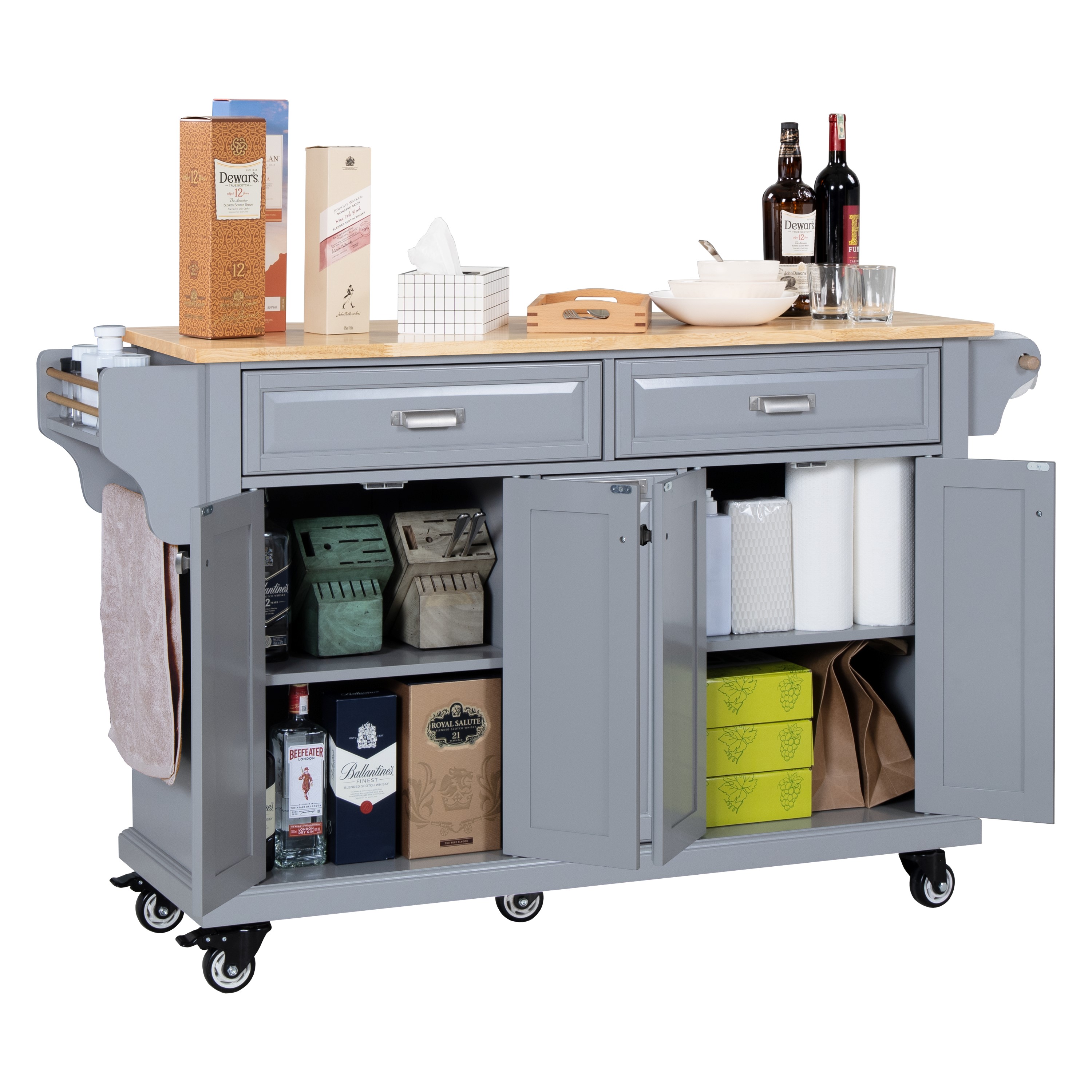 AR Airui Polin 60.5" Kitchen Island on Wheels, 4 Doors 3 Drawers, Rubberwood, Gray