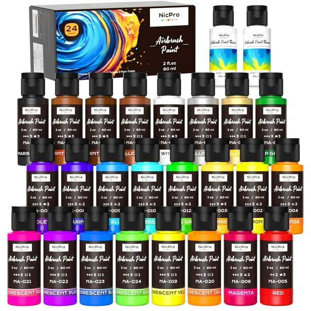 Set de pintura con aerógrafo Nicpro 24 colores (60 ml) con 2 diluyentes