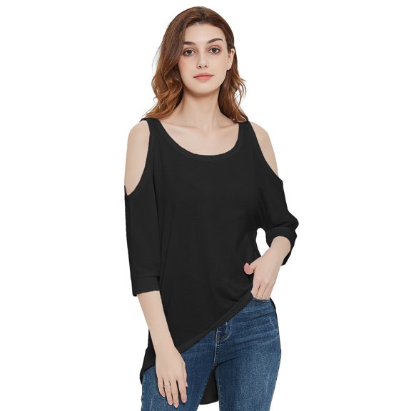 Women's Casual Cold Shoulder T-Shirt Loose Scoop Neck 3/4 Sleeve Top Blouse, Black, Small