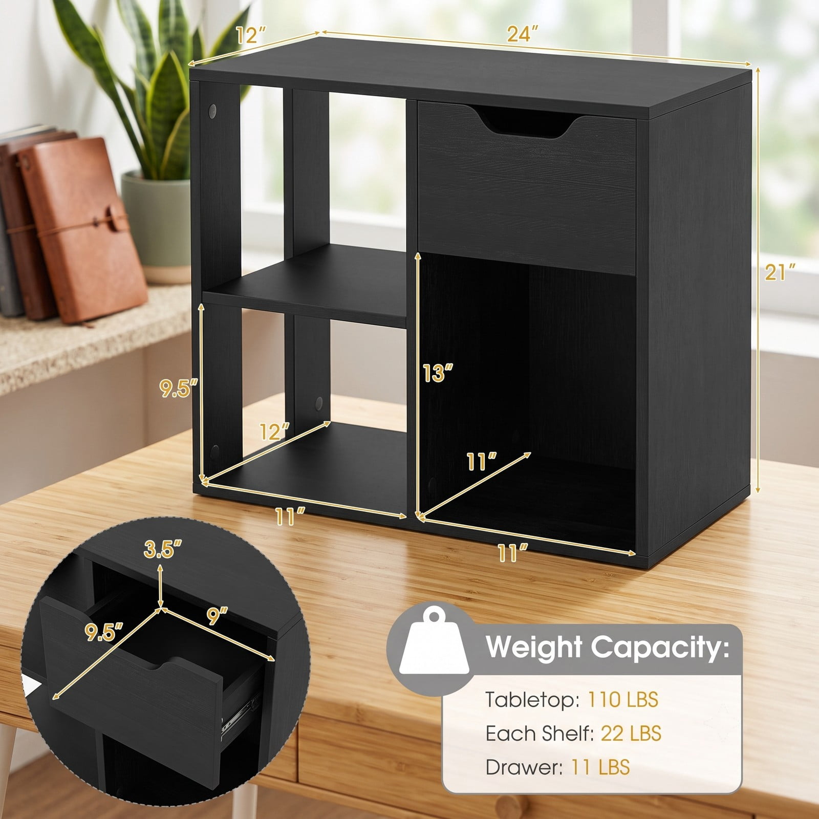 Furnibear 3-Cube Bookcase with Drawer, 2-Tier Wooden Storage Shelf Organizer, Freestanding Display Bookshelf for Living Room Bedroom Home Office, Engineered Wood, Black