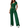 thumbnail image 3 of Lumtrix 2 Piece Sets for Women Summer 2026 Spring Summer Ribbed Lounge Set Matching V Neck Crop Tops Wide Leg Pants with Pockets Airport Travel Outfits Army Green M, 3 of 4