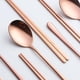 thumbnail image 4 of 2024, 8 piezas de palillos chinos coreanos, cucharas, 4 juegos, cucharas planas de acero inoxidable 304 de oro rosa para cenas, 4 of 4