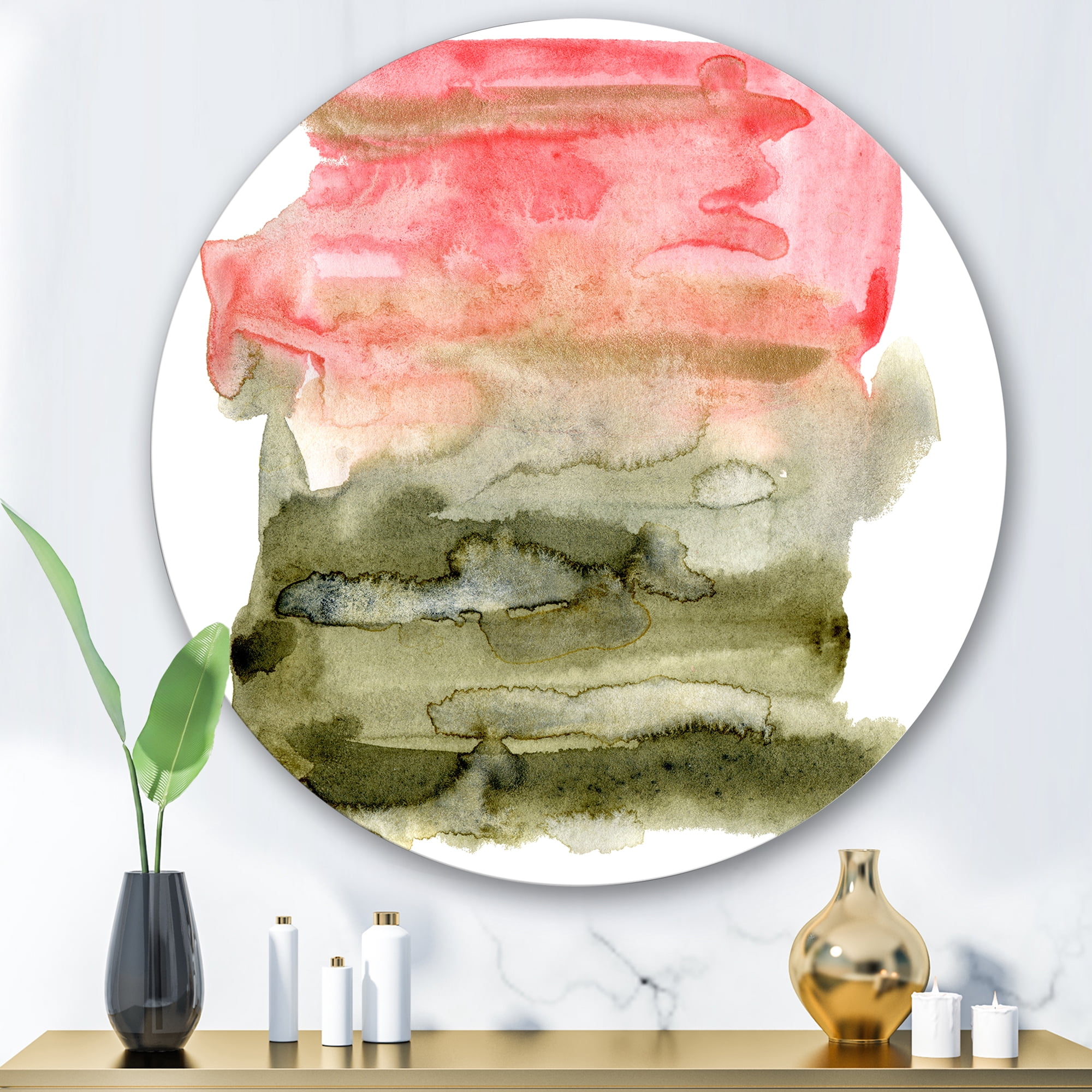 Designart 'Red Pink and Green Abstract Clouds' Modern Circle Metal Wall Art 36x36 - Disc of 36