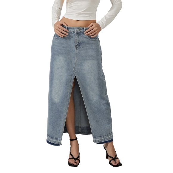 Gupgi Women Long Denim Skirt Front Slit Skirt Fashion Streetwear High Waist Jean Skirt with Pockets