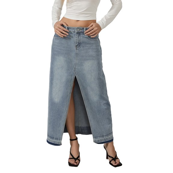 Baby Sweetie Women Denim Skirt Summer Casual Elastic Front Split Midi Skirt Jeans for Beaches Vintage 90s Long Skirt Club