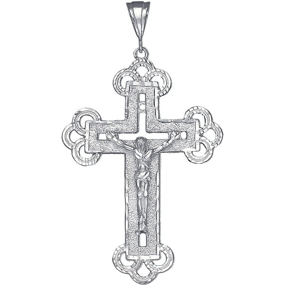 Large Sterling Silver Cross with Jesus Pendant Necklace with Diamond Cut Finish