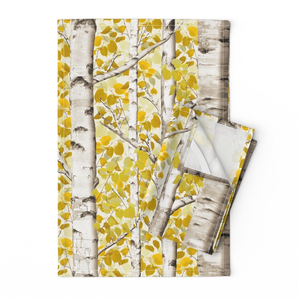 Yellow Birch Trees Forest Woods Linen Cotton Tea Towels by Roostery Set
