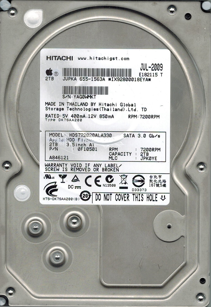 Hitachi HDS722020ALA330 P/N: 0F10501 MLC: JPK0YE MAC 655-1563A 2TB ...