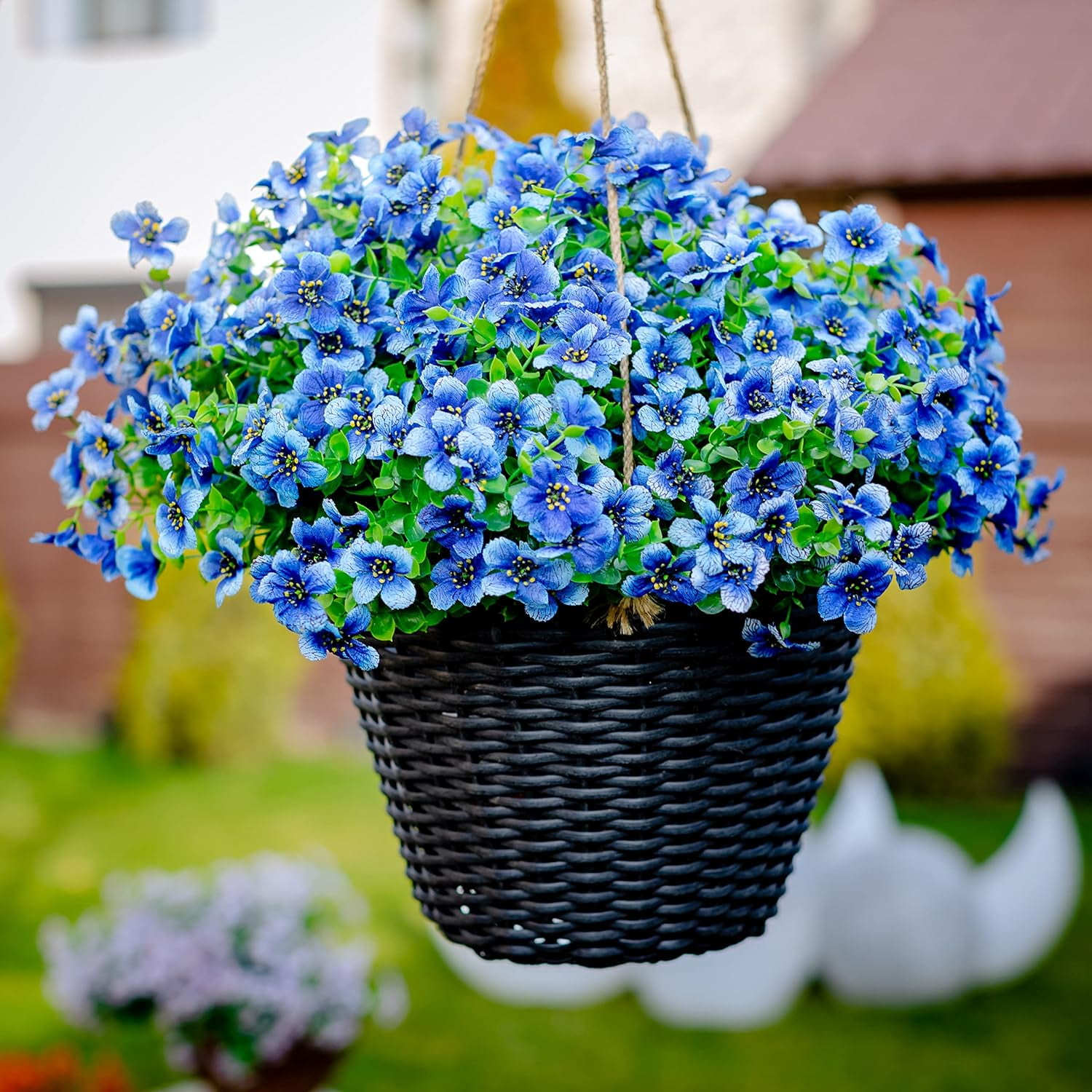 TETOU 16Pcs Artificial Plants Flowers, 13.8*7.5" Fake Silk Colorful Daisy Eucalyptus, UV Resistant Fake Flowers with Plastic Plants for Outside Home Porch Patio Window Yard Decor, Blue