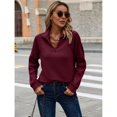 thumbnail image 6 of Women's Autumn and Winter Casual Loose Pullover Quarter Zip Design Ribbed Quilted V-Neck Wine Red M, 6 of 9