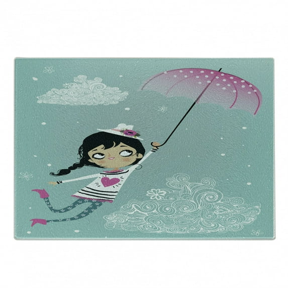 Retro Cutting Board, Flying Girl with a Pink Umbrella and a Floral Hat Doodle Style Curly Cloud Motifs, Decorative Tempered Glass Cutting and Serving Board, Small Size, Multicolor, by Ambesonne