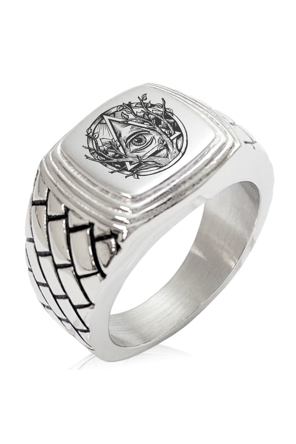 Stainless Steel Rootless All Seeing Eye Geometric Pattern Step-Down Biker Style Polished Ring