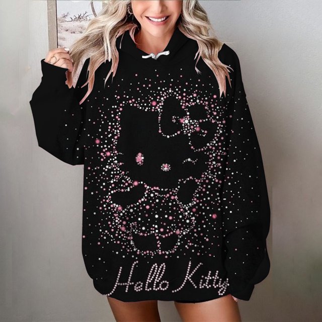 Sudadera con capucha y estampado de HELLO KITTY para mujer, suéter informal holgado de manga larga en blanco y rosa, sudadera fina y elegante de talla grande para mujer