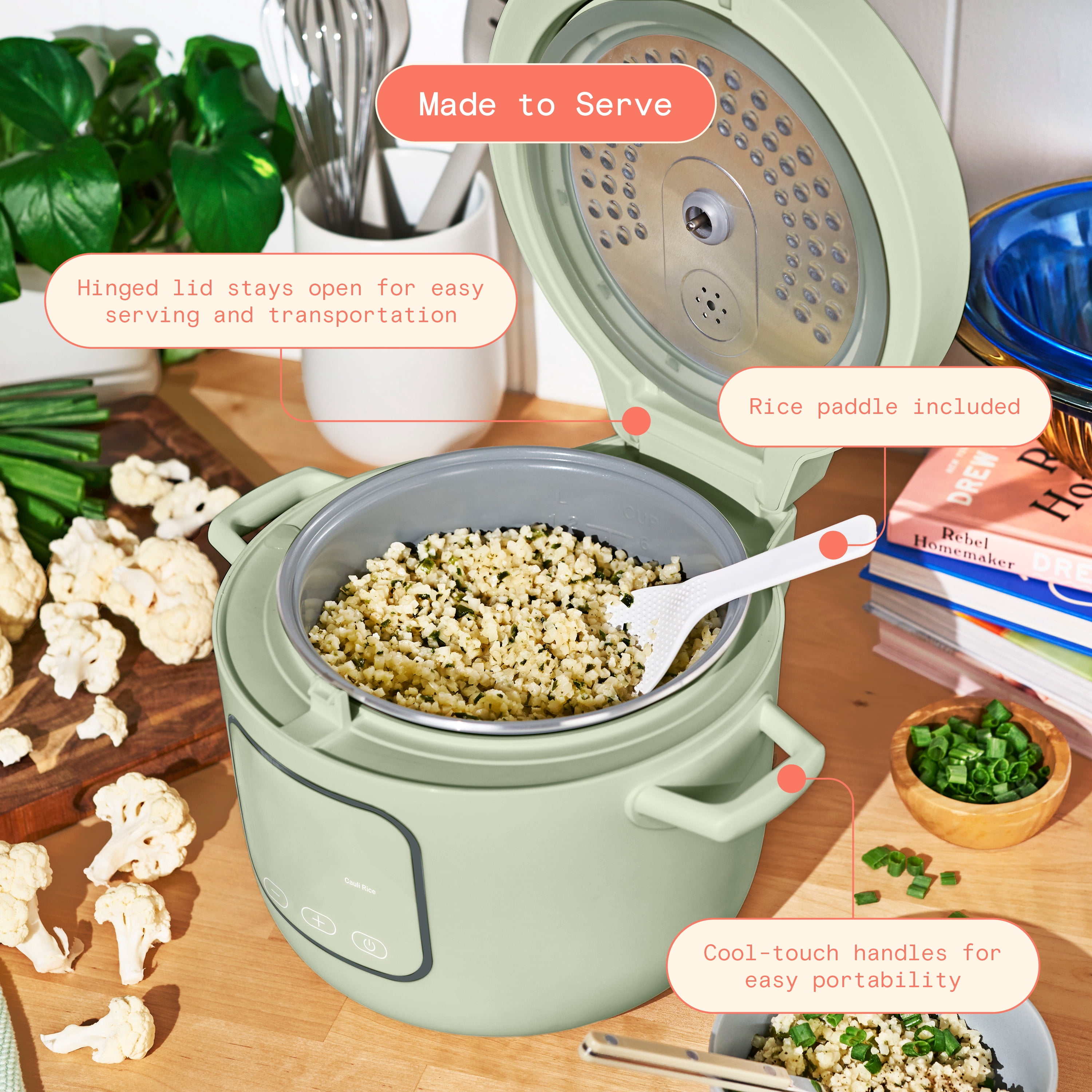 Beautiful 14-Cup Cooked, 6-Cups Uncooked Electric Rice and Grain Cooker, EverGood™ Ceramic Nonstick Coating, Sage Green by Drew Barrymore