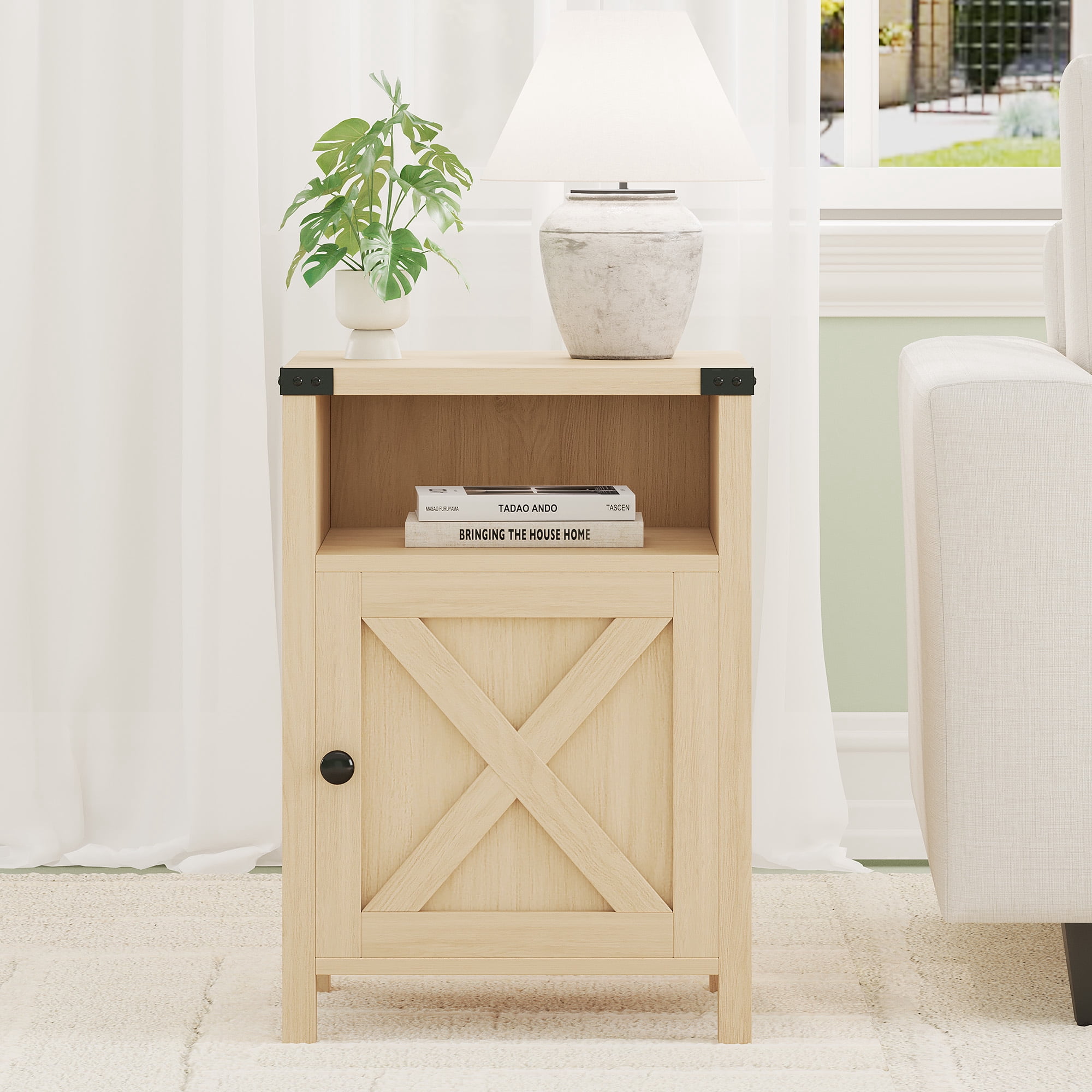 4 EVER WINNER Minimalist Barn Door Side Table, Light Oak Storage End Table, Compact Accent Table for Balcony & Kids’ Room