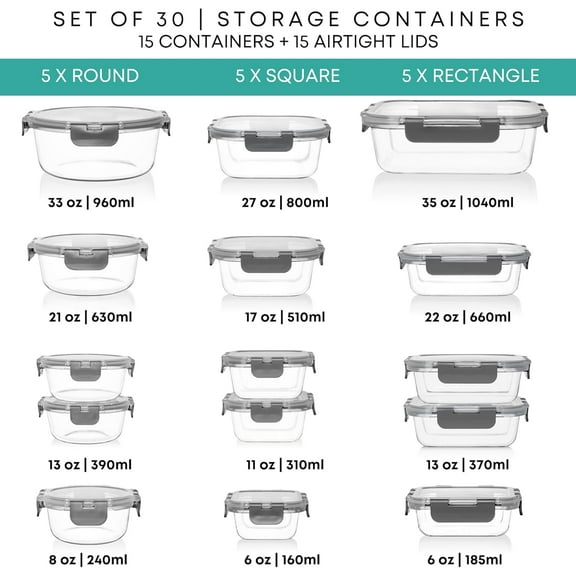 30 PC Glass Food Storage Containers with Lids - Airtight & Leakproof Meal Prep Set - Oven, Microwave, Freezer & Dishwasher Safe