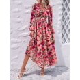 thumbnail image 3 of Womens Casual Boho Deep V Neck Long Sleeve Long Dress Pink M, 3 of 7