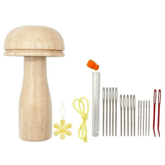 Cute Darning Set with Mushroom Shape Wooden Darner Sewing Tool Kit for Socks Pants Sweaters DIY Crafts