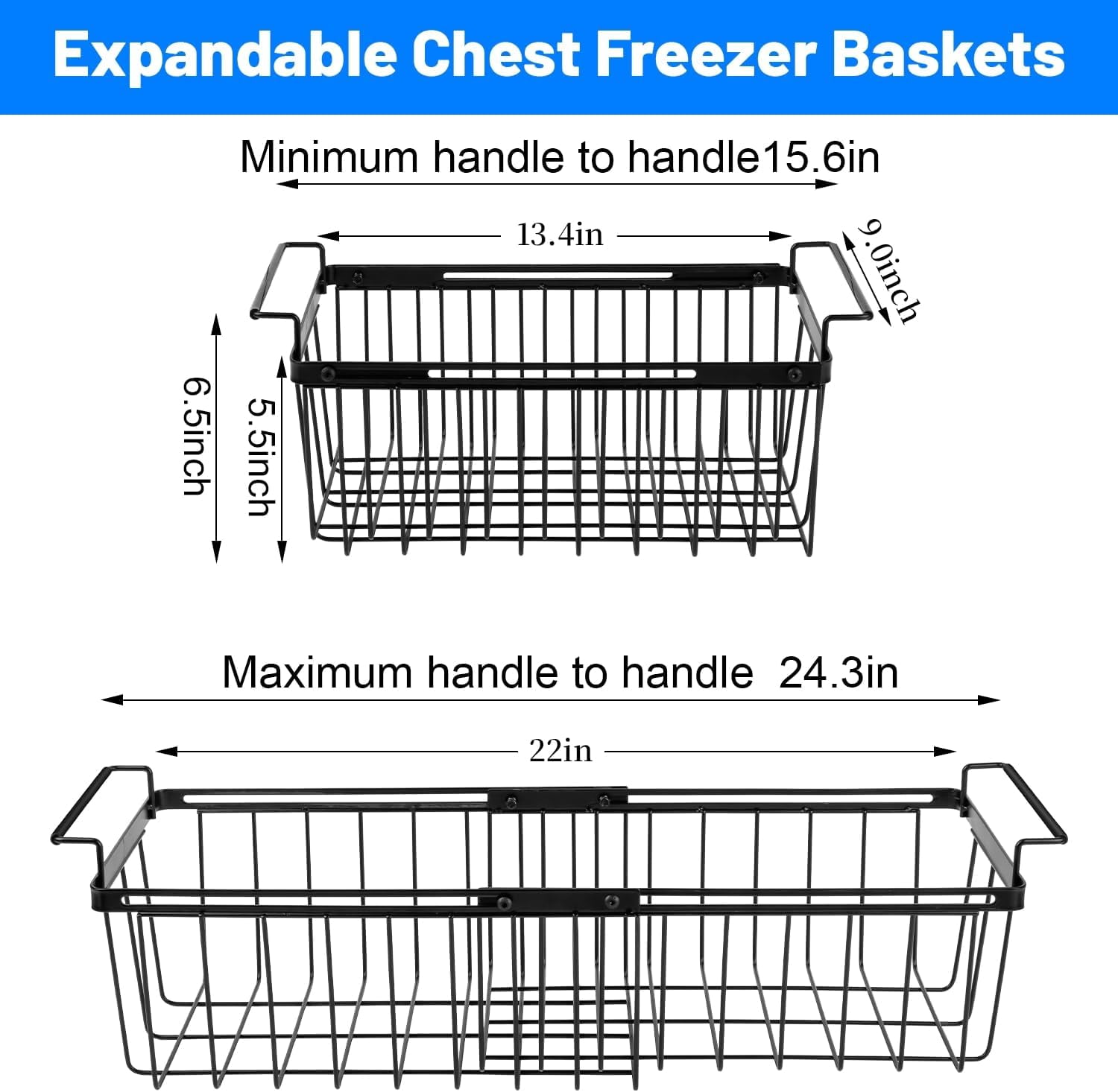 Wetheny Freezer Organizer Bins, Expandable Deep Freezer Baskets for Chest Freezer, Adjustable From 15.6" to 24.3" Wire Basket with Hanging Handles (Pack 1)