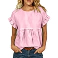 thumbnail image 2 of Dolkfu Pink Tops for Women Trendy Short Sleeve Pull-on Retro Crew Neck Blouses & Tops Modern Solid Casual Pink,S, 2 of 6