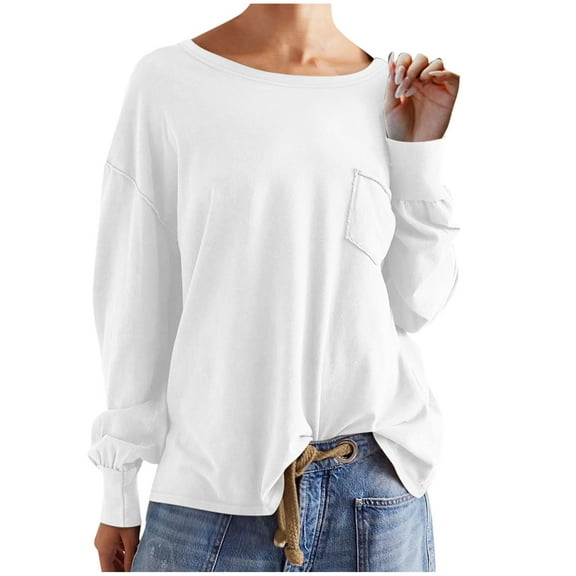 Oversized Cotton Crewneck Sweatshirts Pocket Drop Shoulder Long Sleeve Tops Womens Lightweight Casual Pullovers (XL, White)