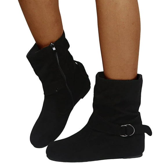 Mid Calf Slouchy Boots for Women Fashion Casual Buckle Suede Round Toe Flats No Heels Short Booties Winter Fall