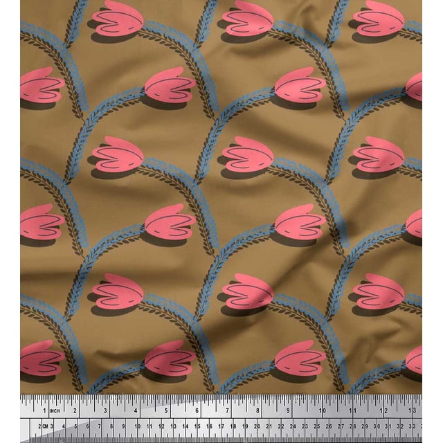 Soimoi Poly Georgette Fabric Leaves & Tulip Floral Printed Fabric 1 Yard 52 Inch Wide