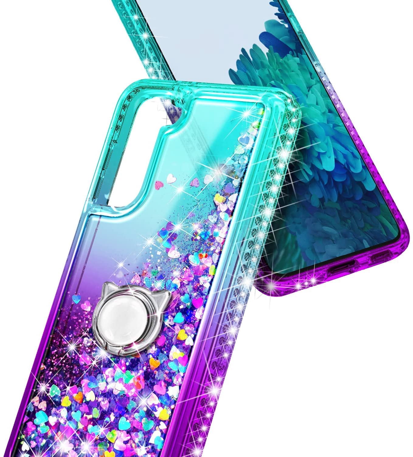 Nagebee Case for Samsung Galaxy S22 5G / S22+ Plus 5G / S22 Ultra 5G with Tempered Glass Screen Protector, Sparkle Glitter Liquid Bling Diamond [Ring Holder & Wrist Strap] Women Girls (Aqua/Purple)