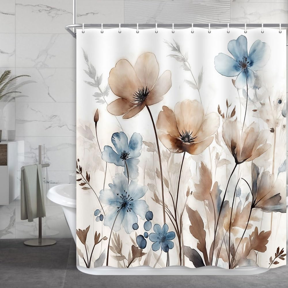 Boho Floral Watercolor Shower Curtain Cream Tan Beige Blue Watercolor Flower Fabric Shower Curtains Set for Bathroom Decoration Rustic Farmhouse Bath Decor 54"W x 78"L (Pack of 1)