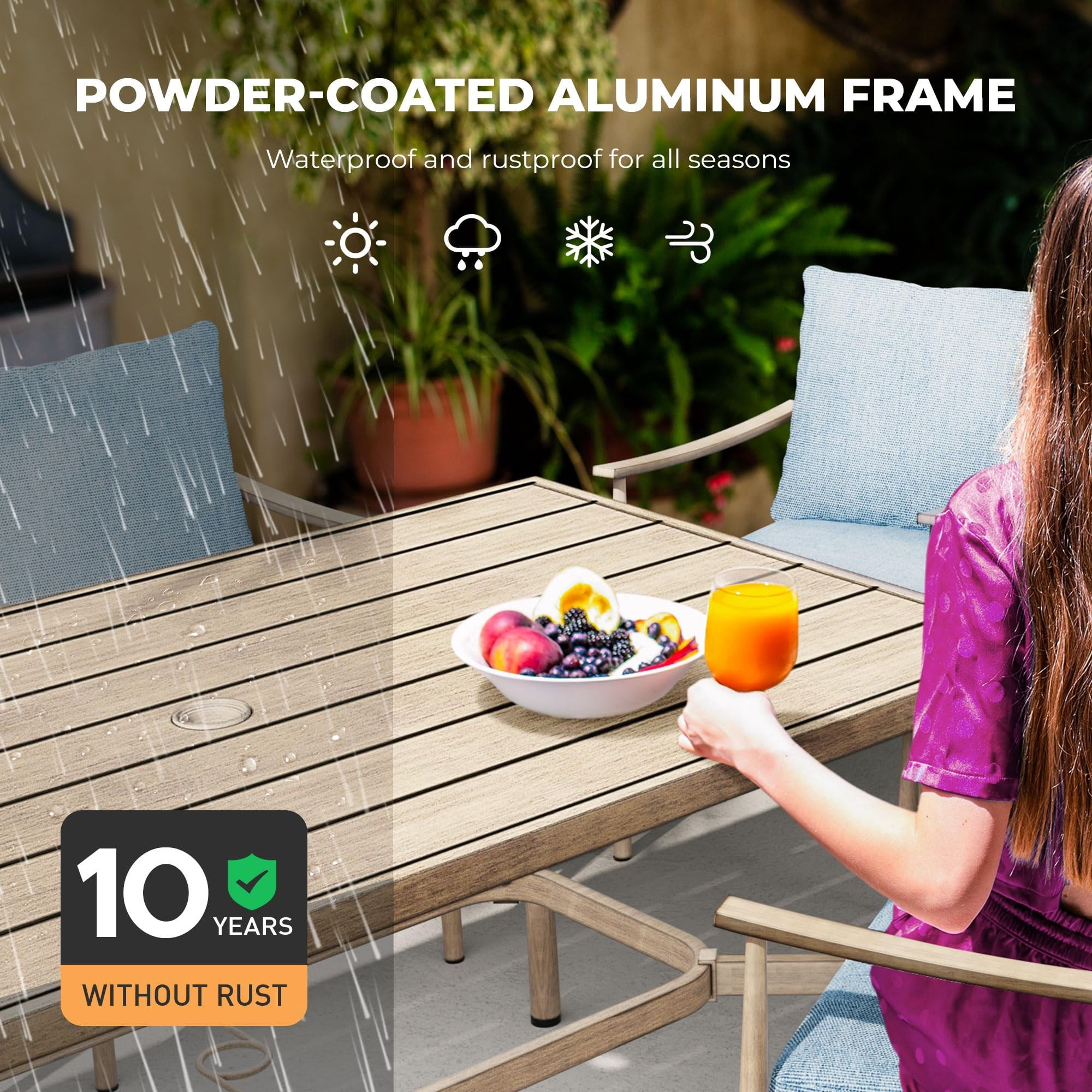 Patio Dining Table for 6, 60 Inch Outdoor Aluminum Table with Umbrella Hole, All Weather Rectangle Patio Table for Backyard Garden Deck Poolside, Brown