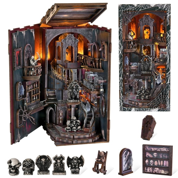 MiniCity Kit de Booknook avec Lumière LED, Kit de Booknook Miniature de Maison de Poupée DIY, Casse-Tête en Bois 3D Effrayant et Effrayant pour Soulager le Stress