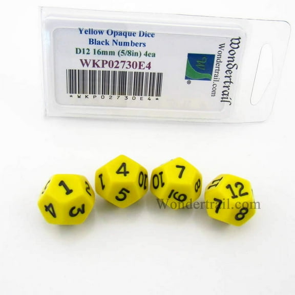 Yellow Opaque Dice with Black Numbers D12 16mm (5/8in) Pack of 4 Wondertrail