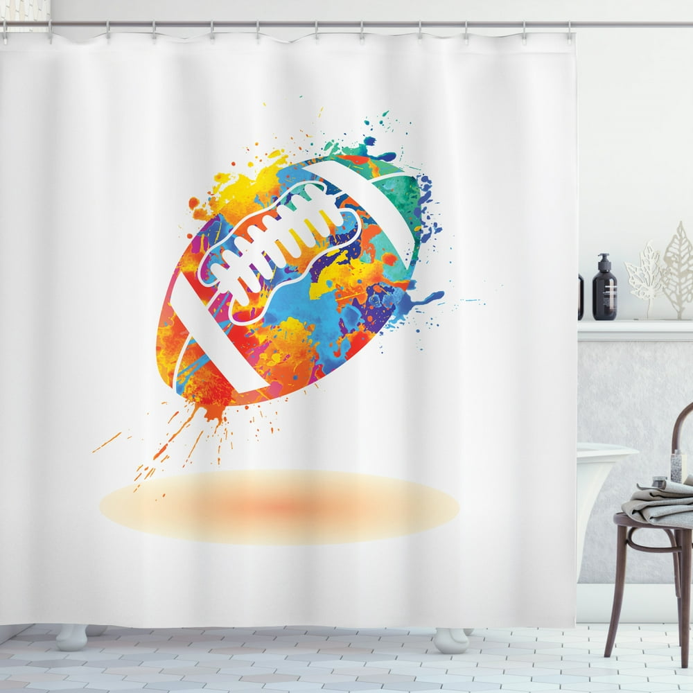 Sports Shower Curtain, Rugby Ball with Rainbow Brush Effects Filled