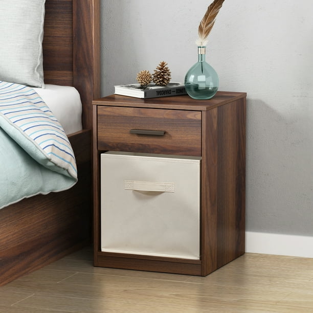 Mainstays 1Drawer Night Stand with Cube Storage, Canyon Walnut Finish