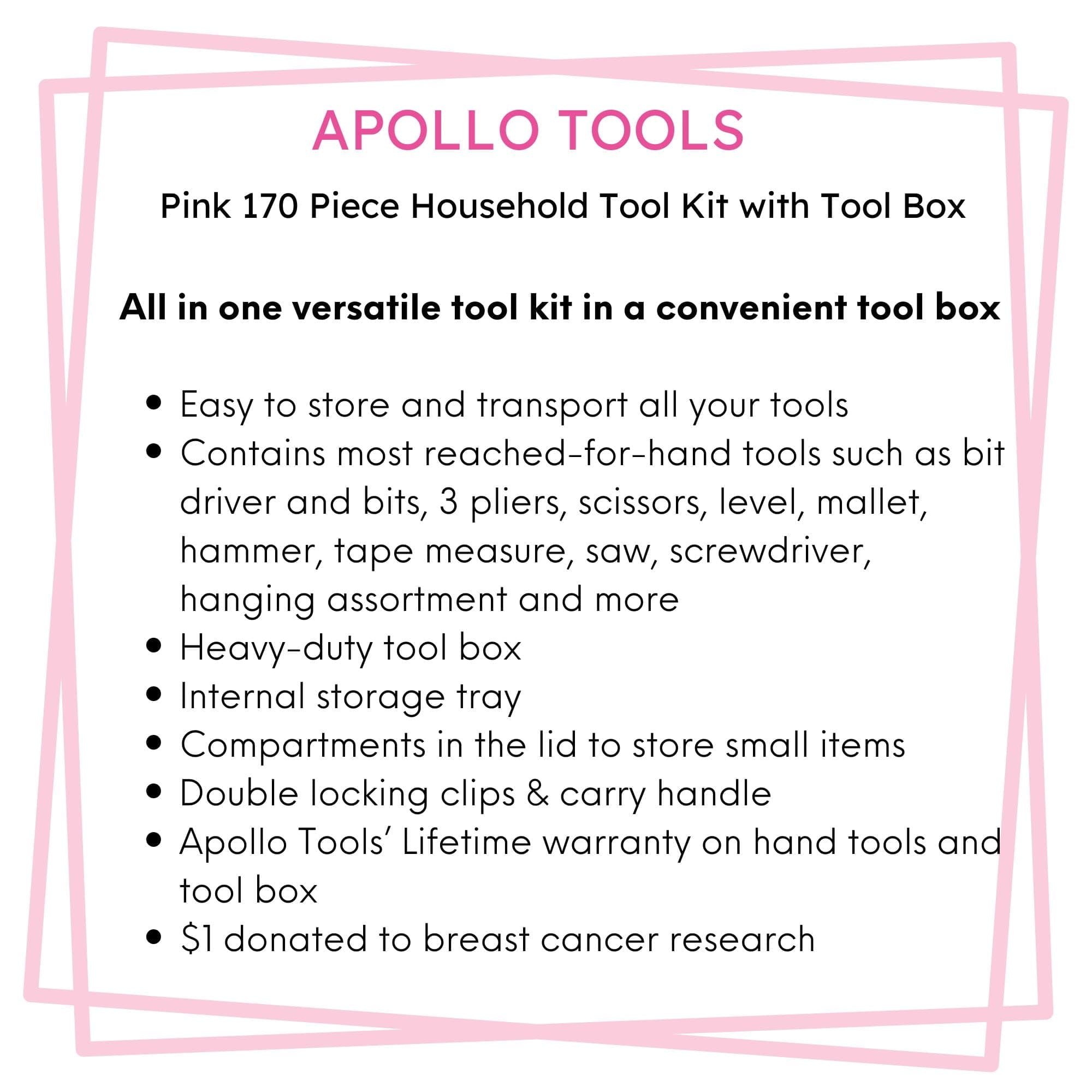 Apollo Tools Pink 170 Piece Household Tool Kit with New and Improved Tool Box - DT7103P