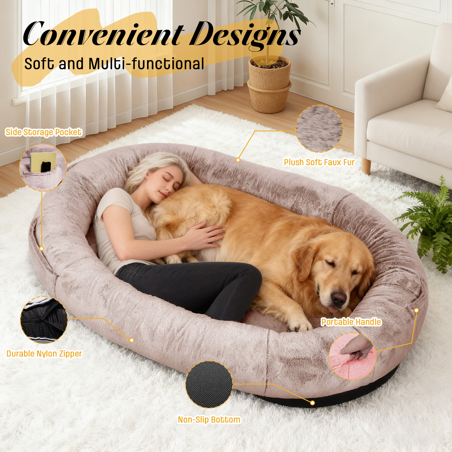 Hidpriva Human Dog Bed for Adults, 71" Extra Large Human-Sized Dog Bed, Washable Faux Fur with Blanket and Pillow, Camel
