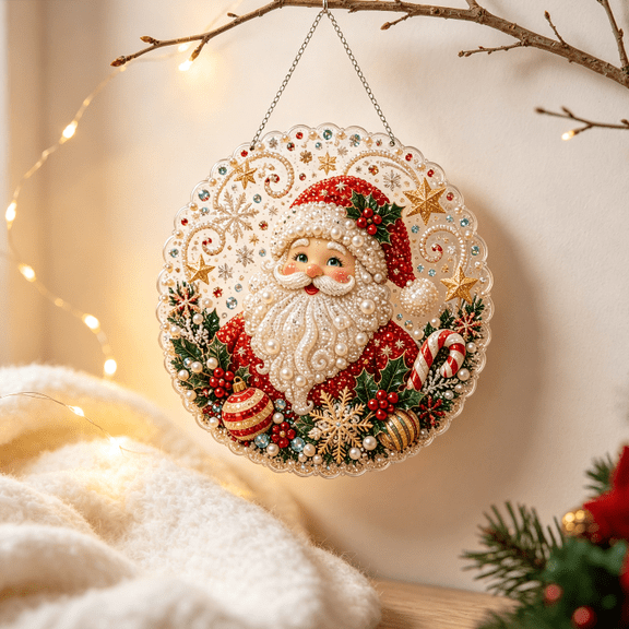 Christmas Pearl Art DIY Diamond Painting Hanging Ornamen | Christmas Diamond Painting Hanging Pendant, Handmade Holiday Rhinestone Gem Craft Crystal Pearl Bead Wall Window Decor Santa