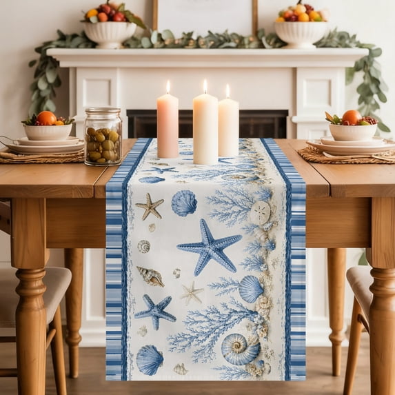 Table Runners 90 Inches Long Dress Scarves, Nautical Coastal Farmhouse Coffee/Dining/Kitchen Table Decor Table Runner for Living Room, Starfish Conch Coral Navy Blue 13x90 Inch