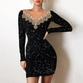 thumbnail image 2 of safuny Women's Mini Bodycon Party Beauty Dress Solid Shiny Lace Sequin Long Sleeve Winter Side Split Elegant Vacation Fall Dress High Neck Fashion Black XL, 2 of 9