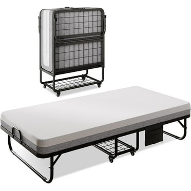 iPormis Folding Bed with Mattress, 76x38 Twin Size with Storage Shelf & Side Pocket, Portable Roll Away Adult Beds for Guests, Portable Bed with Lockable Wheels-Sturdy Metal Frame , Space Saving